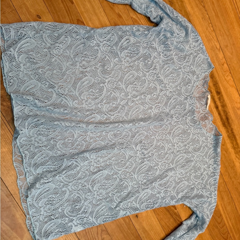 Pixi + Ivy Lace Knit Top light blue sheer lace